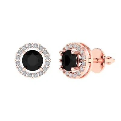 Pre-owned Pucci 1.6 Ct Round Halo Designer Stud Natural Onyx Earrings Solid 14k Rose Pink Gold