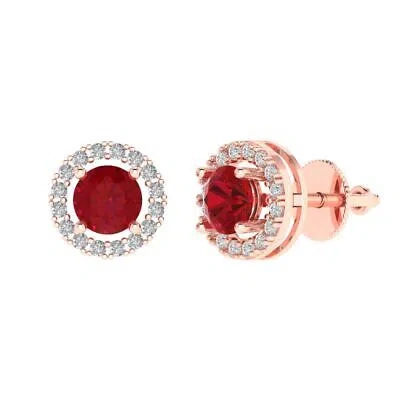 Pre-owned Pucci 1.6 Ct Round Halo Designer Stud Simulated Ruby Earrings Solid 14k Rose Pink Gold In Red