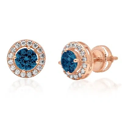Pre-owned Pucci 1.6 Ct Round Halo Natural London Blue Topaz Designer Stud Earrings 14k Rose Gold