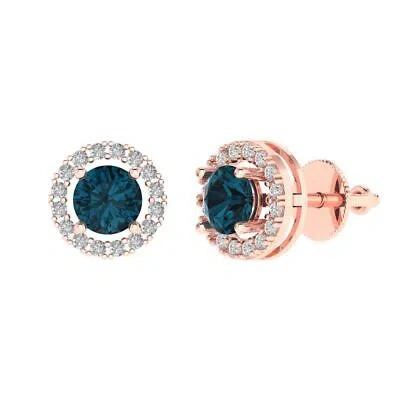 Pre-owned Pucci 1.6 Round Cut Halo Classic Designer Stud Royal Blue Topaz Earrings 14k Rose Gold In Pink