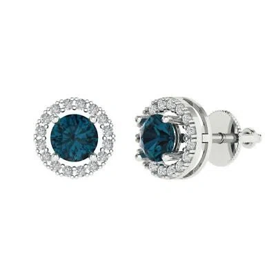 Pre-owned Pucci 1.6 Round Cut Halo Classic Designer Stud Royal Blue Topaz Earrings 14kwhite Gold