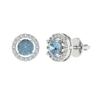 Pre-owned Pucci 1.6 Round Halo Classic Designer Stud Natural Aquamarine Earrings 14kwhite Gold