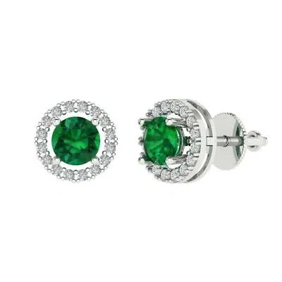 Pre-owned Pucci 1.6 Round Halo Classic Designer Stud Simulated Emerald Earrings 14kwhite Gold In Green