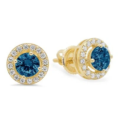 Pre-owned Pucci 1.6 Round Halo Natural London Blue Topaz Designer Stud Earrings 14k Yellow Gold