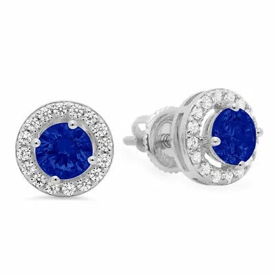 Pre-owned Pucci 1.6 Round Halo Simulated Blue Sapphire Designer Stud Earrings 14k White Gold