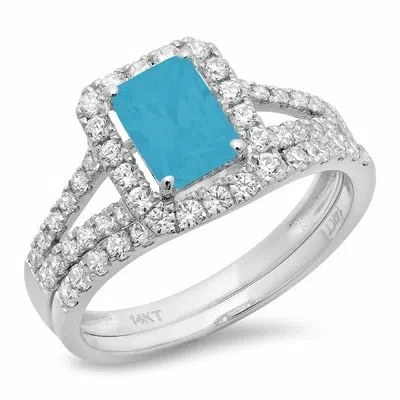 Pre-owned Pucci 1.60 Emerald Cut Vvs1 Halo Simulated Turquoise Wedding Bridal Set 14k White Gold In D