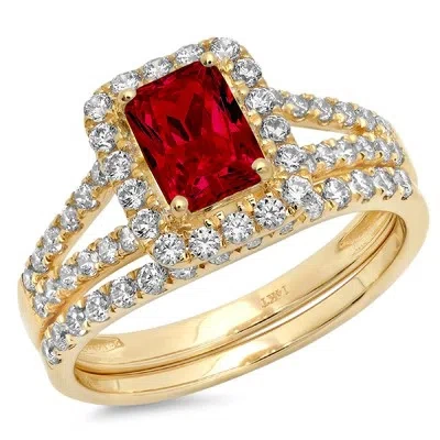 Pre-owned Pucci 1.6ct Emerald Halo Real Red Garnet Wedding Statement Bridal Set 14k Yellow Gold