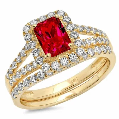 Pre-owned Pucci 1.6ct Emerald Round Halo Tourmaline Wedding Statement Bridal Set 14k Yellow Gold In Red