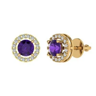 Pre-owned Pucci 1.6ct Round Halo Classic Designer Stud Natural Amethyst Earrings 14k Yellow Gold