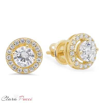 Pre-owned Pucci 1.6ct Round Simulated Diamond Stud Halo Solitaire Earrings 14k Yellow Gold