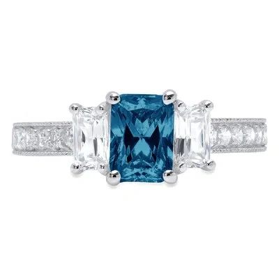 Pre-owned Pucci 1.74 Emerald Round 3 Stone London Blue Topaz Promise Wedding Ring 14k White Gold In D