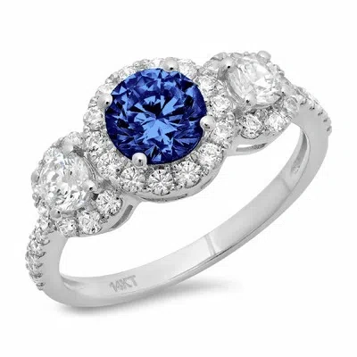 Pre-owned Pucci 1.75ct Round Halo 3 Stone Simulated Tanzanite Stone Promise Ring 14k White Gold