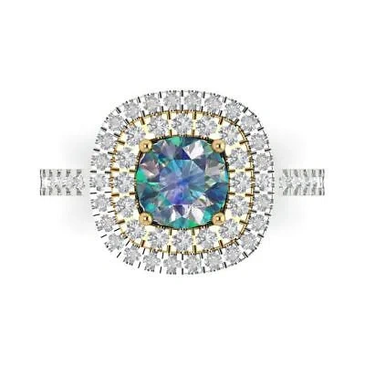 Pre-owned Pucci 1.75 Ct Round Halo Blue Moissanite Bridal Statement Ring 14k White Yellow Gold