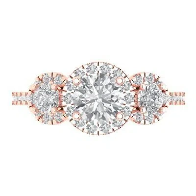 Pre-owned Pucci 1.75 Round Halo 3 Stone Moissanite Classic Bridal Statement Ring 14k Rose Gold In White/colorless