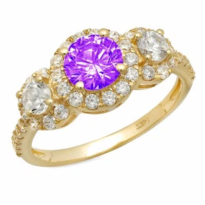 Pre-owned Pucci 1.75ct Round Halo 3 Stone Natural Amethyst Promise Wedding Ring 14k Yellow Gold In Purple