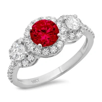 Pre-owned Pucci 1.75ct Round Halo 3 Stone Natural Red Garnet Promise Wedding Ring 14k White Gold