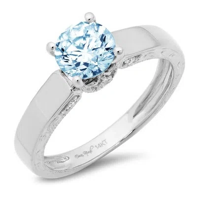 Pre-owned Pucci 1.7ct Round Real Aquamarine Promise Statement Bridal Wedding Ring 14k White Gold In D
