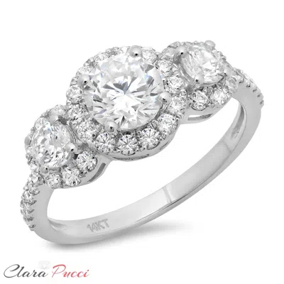 Pre-owned Pucci 1.80 Ct Halo Three Stone Round Cut Ring Engagement Wedding Band 14k White Gold In D