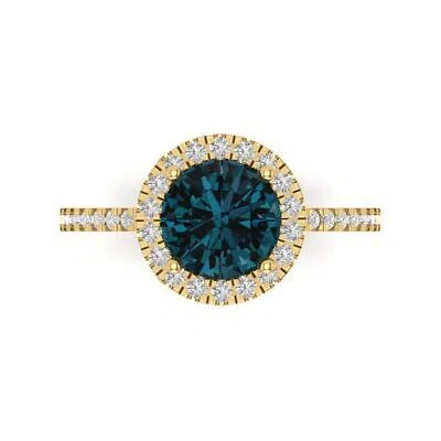 Pre-owned Pucci 1.85 Ct Round Halo Royal Blue Topaz Promise Bridal Wedding Ring 14k Yellow Gold