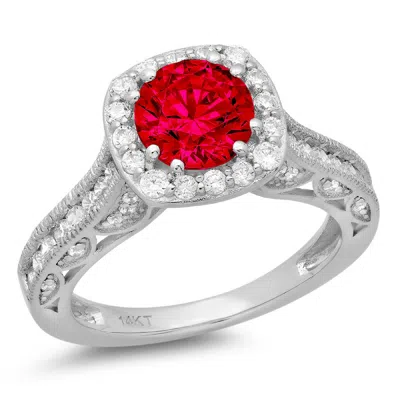 Pre-owned Pucci 1.95ct Round Cut Halo Simulated Ruby Promise Bridal Wedding Ring 14k White Gold In Red