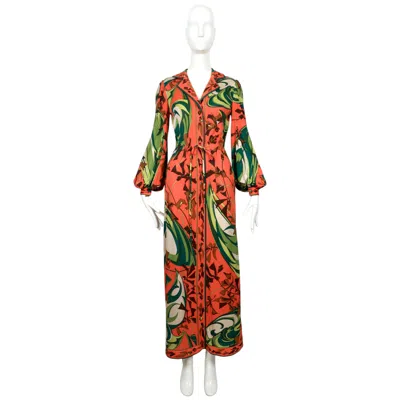Pre-owned Pucci 1960's Emilio  Silk Printed Jersey Dress With Billowing Sleeves In Brown