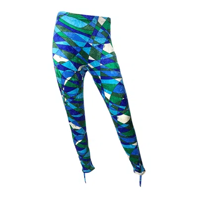 Pre-owned Pucci 1960s Emilio  Crushed Velour Blue + Green Kaleidoscope 60s Stirrup Pants
