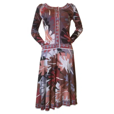 Pre-owned Pucci 1960s Emilio  Drop-waist Full Skirt Day Dress In A Palm Frond Pattern Print In Brown