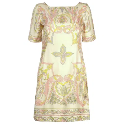 Pre-owned Pucci 1960s Emilio  Ivory Pastel Print Silk Short Sleeve Shift Dress 8 In White