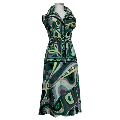 Pre-owned Pucci 1960s Emilio  Mod Print Silk Day Dress In Greens Black & Gray W Wide Collar