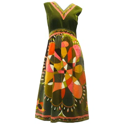 Pre-owned Pucci 1960s Emilio  Print Cotton Velvet Baby Doll Dress In Olive & Orange Tones