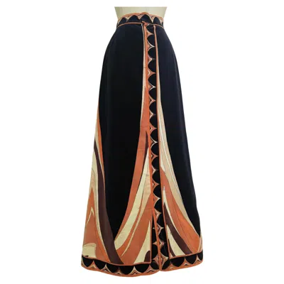 Pre-owned Pucci 1970s Emilio  Cotton Velvet Maxi Skirt In Sienna Tan & Black Iconic Print