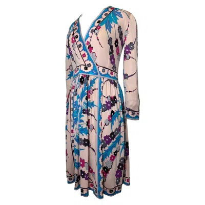 Pre-owned Pucci 1970s Emilio  Silk Jersey Floral Print Wrap Dress W Full Skirt & Band Trim In Gray