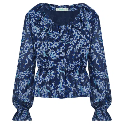 Pre-owned Pucci 1970s  Blue Floral Silk Blouse With Ruffle Neckline