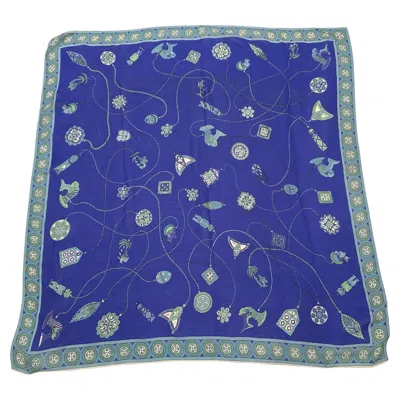 Pre-owned Pucci 1990s Tribal Folk Art Inspired Blue Silk Scarf By Emilio