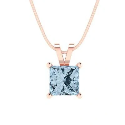 Pre-owned Pucci 1ct Princess Cut Sky Blue Topaz Pendant Necklace 18" Chain Real 14k Pink Gold
