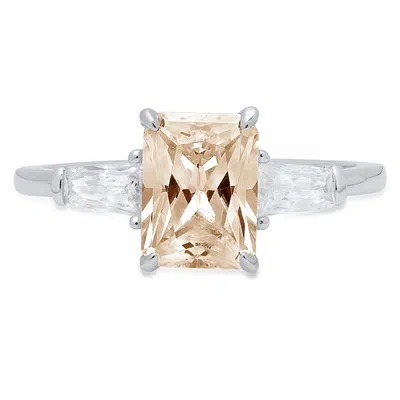 Pre-owned Pucci 2ct Emerald 3 Stone Simulated Brown Diamond Stone Promise Ring 14k White Gold In Champagne