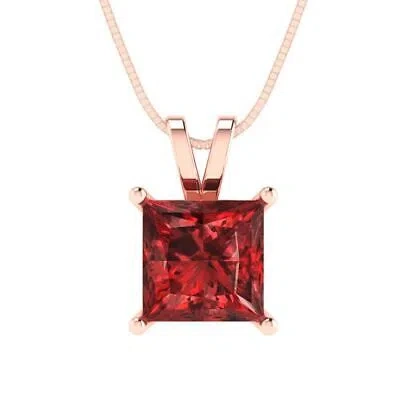 Pre-owned Pucci 2 Ct Princess Cut Natural Red Garnet Pendant Necklace 18" Chain 14k Pink Gold