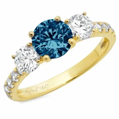 Pre-owned Pucci 2 Ct Round 3 Stone Royal Blue Topaz Promise Bridal Wedding Ring 14k Yellow Gold In D
