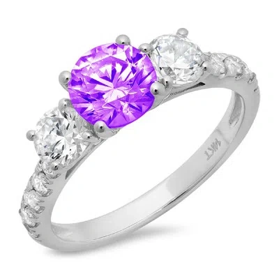 Pre-owned Pucci 2 Ct Round Cut 3 Stone Real Amethyst Promise Bridal Wedding Ring 14k White Gold In Purple