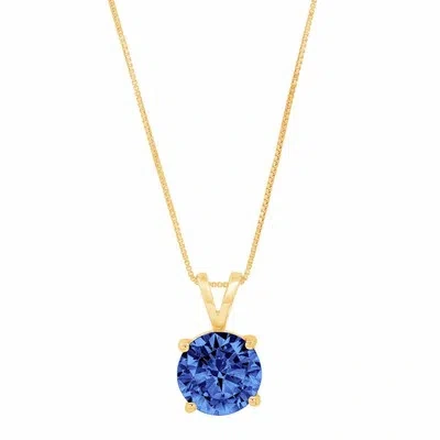 Pre-owned Pucci 2 Ct Round Tanzanite Simulated Solitaire Pendant 18" Chain 14k Yellow Solid Gold