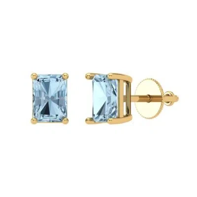 Pre-owned Pucci 2 Emerald Cut Solitaire Classic Stud Natural Aquamarine Earrings 14k Yellow Gold