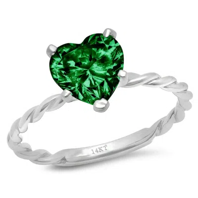 Pre-owned Pucci 2 Heart Rope Knot Simulated Emerald Wedding Bridal Promise Ring 14k White Gold In Green