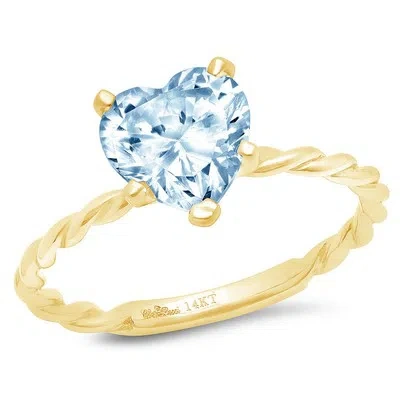 Pre-owned Pucci 2 Heart Rope Knot Real Aquamarine Wedding Bridal Promise Ring 14k Yellow Gold In D