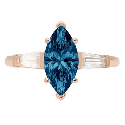 Pre-owned Pucci 2 Marquise Baguette 3 Stone London Blue Topaz Promise Wedding Ring 14k Rose Gold In D