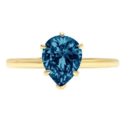Pre-owned Pucci 2 Pear Cut London Blue Topaz Wedding Bridal Promise Classic Ring 14k Yellow Gold In D
