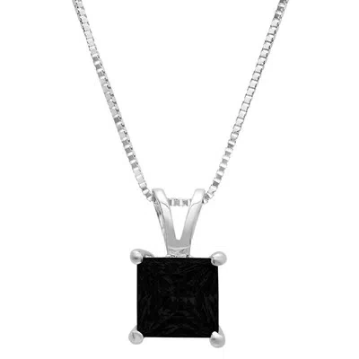 Pre-owned Pucci 2 Princess Cut Natural Onyx Pendant Necklace 16 Gift Chain Solid 14k White Gold In D