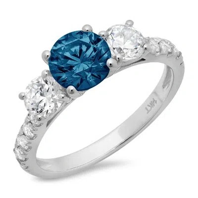 Pre-owned Pucci 2 Round Cut 3 Stone London Blue Topaz Promise Bridal Wedding Ring 14k White Gold In D