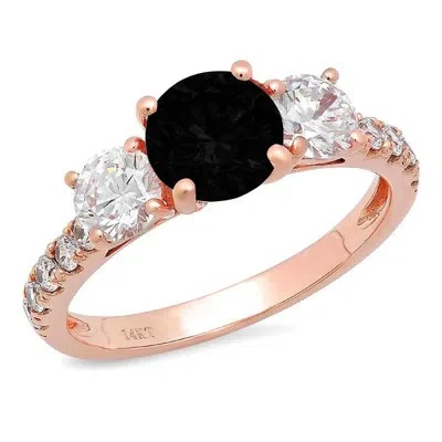 Pre-owned Pucci 2 Round Cut 3 Stone Natural Onyx Promise Bridal Wedding Ring Solid 14k Rose Gold In D