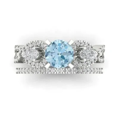 Pre-owned Pucci 2 Round Pear 3 Stone Real Aquamarine Wedding Statement Ring Set 14k White Gold