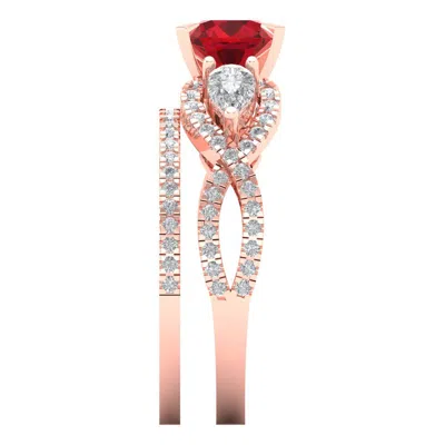 Pre-owned Pucci 2 Round Pear 3stone Simulated Ruby Wedding Stunning Ring Set 14k Rose Pink Gold In Red